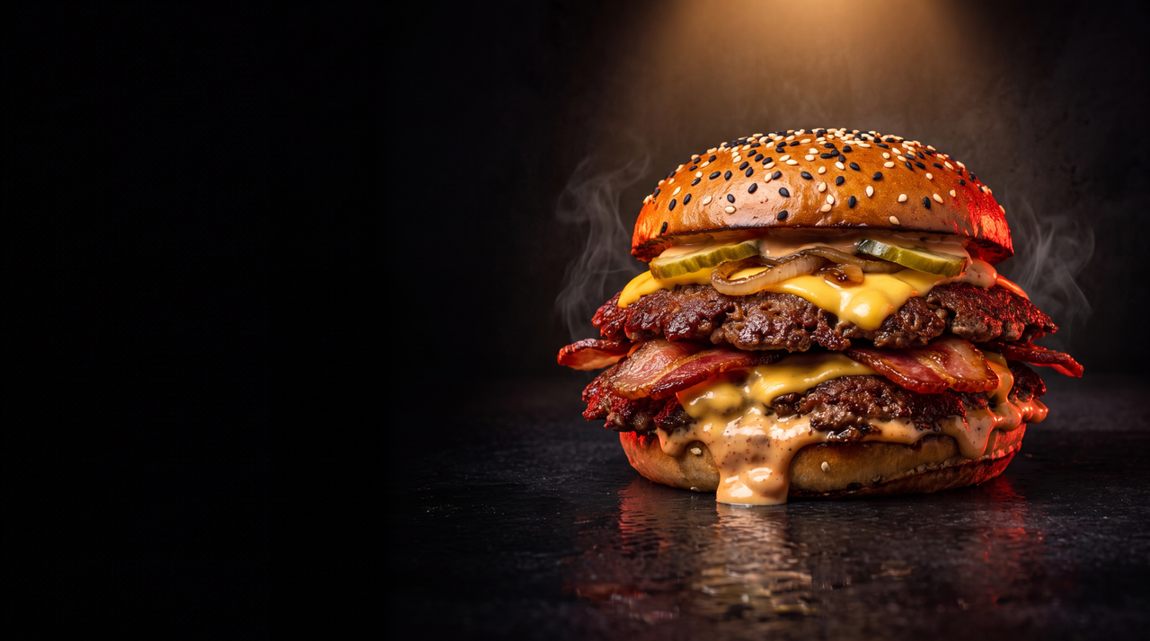 Close crop of a Chubbys smash burger, red-lit, cheese melting over crispy patty edges